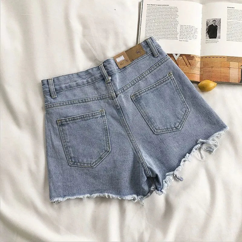 Korean urban Denim Shorts Women Summer Fashion Casual High Waist Ripped Jeans Pocket Tassel Y2K Hot Pants Streetwear Blue Trousers