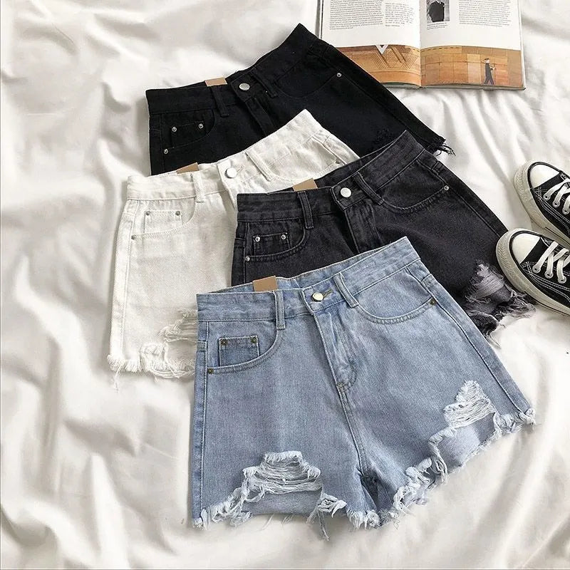 Korean urban Denim Shorts Women Summer Fashion Casual High Waist Ripped Jeans Pocket Tassel Y2K Hot Pants Streetwear Blue Trousers