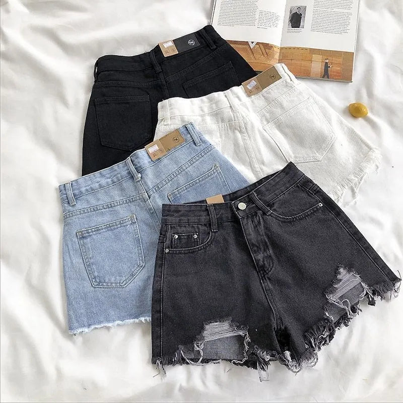 Korean urban Denim Shorts Women Summer Fashion Casual High Waist Ripped Jeans Pocket Tassel Y2K Hot Pants Streetwear Blue Trousers